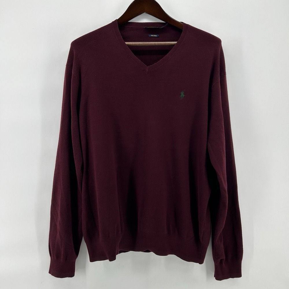 Polo Ralph Lauren 100%‎ Pima Sweater Mens 2XL Burgundy V Neck Green Pony Preppy